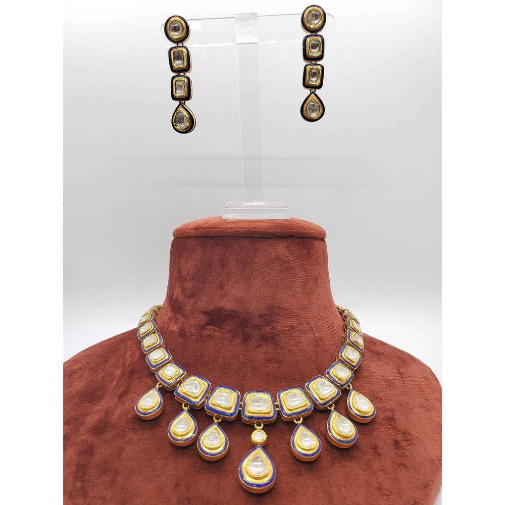18kt Gold Blue Hand Painting Enamel Necklace With Earring